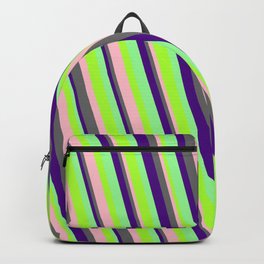 [ Thumbnail: Light Green, Pink, Dim Grey, Indigo & Green Colored Pattern of Stripes Backpack ]
