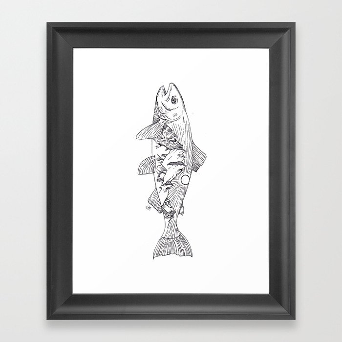Fish, Minimalist Art, Tattoo, Line work, Ink, Illustration, Fine-line  Framed Art Print by Poppin Peony