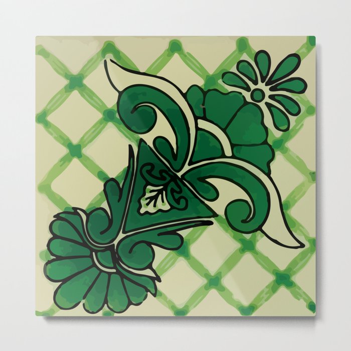 Green bouquet mexican tile abstract boho pottery Metal Print