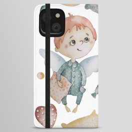 Collection of Christmas characters and elements hand drawn in watercolor. Christmas angels in pajamas with pillows and hearts. iPhone Wallet Case
