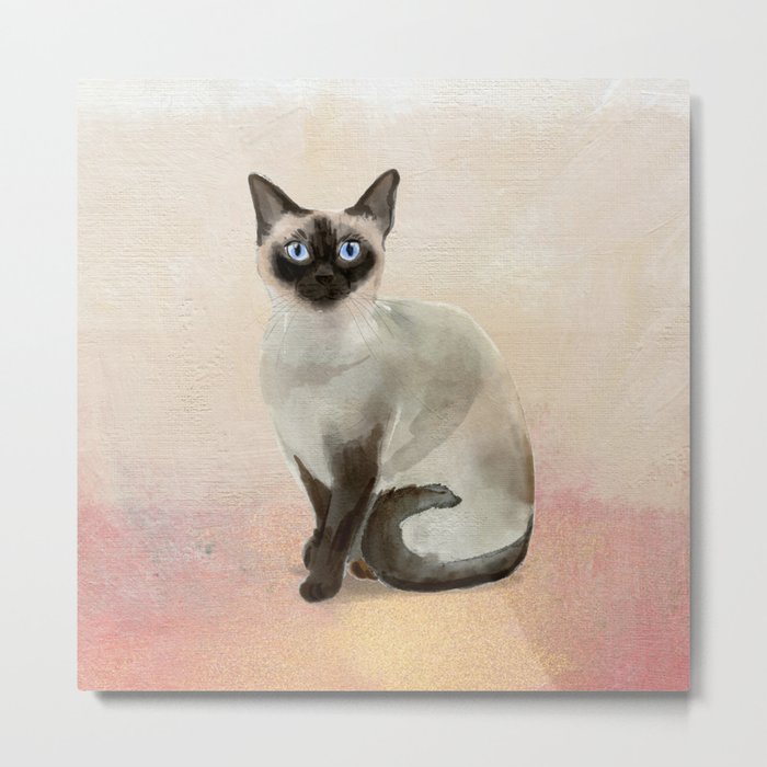 Siamese Cat Watercolor Painting Blush Pink Gold Metal Print