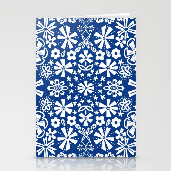 Navy Blue Folk Art Flowers Retro Modern Pattern Stationery Cards