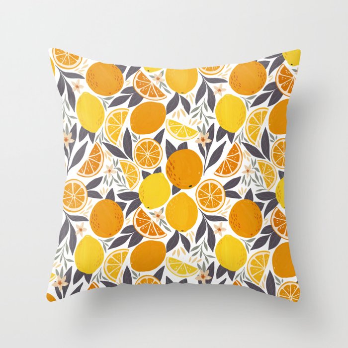 Citrus Fruits - Yellow and Grey Throw Pillow