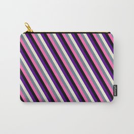[ Thumbnail: Vibrant Indigo, Beige, Slate Gray, Hot Pink, and Black Colored Striped/Lined Pattern Carry-All Pouch ]