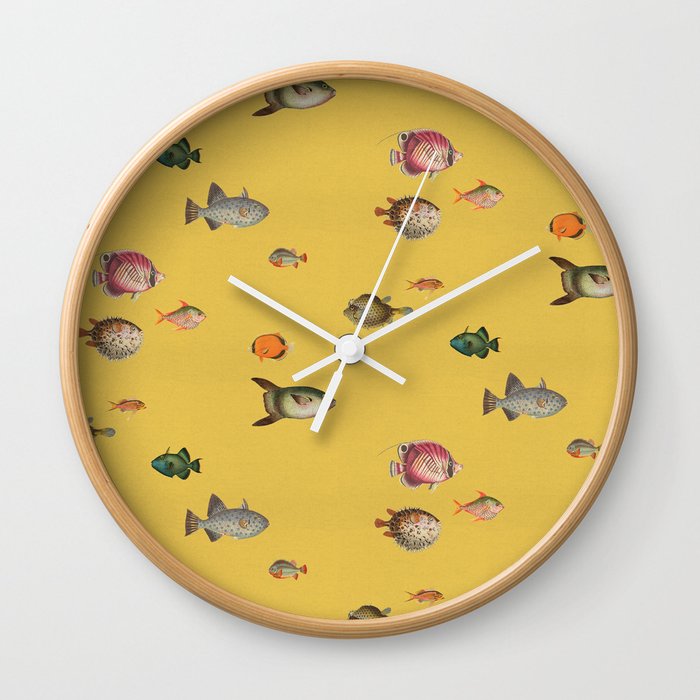 Fish History - Mustard, historian etching of tropical fish Wall Clock