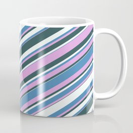 [ Thumbnail: Blue, Plum, Dark Slate Gray, and Mint Cream Colored Lined/Striped Pattern Coffee Mug ]