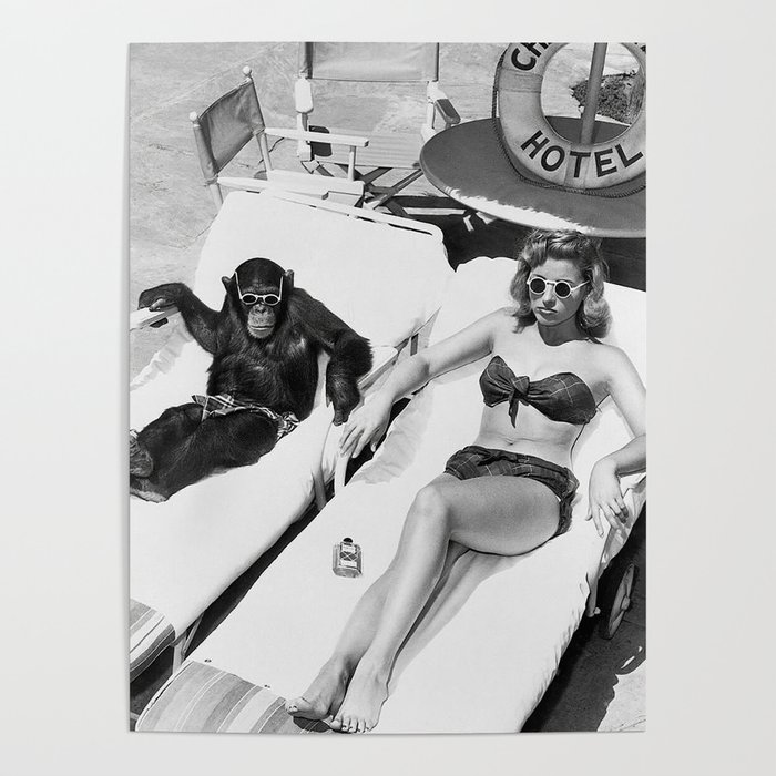 Lady and Chimp Sunbathing, Black and White, Vintage Art Poster