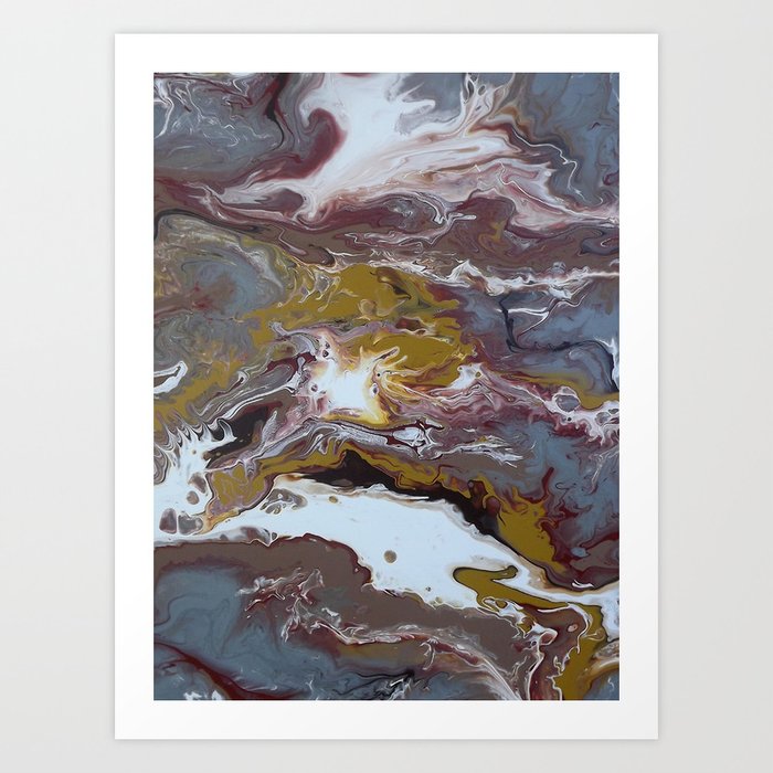 Grey Red And Brown Fluid Acrylic Pour Painting Art Print By