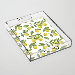 Yellow summer watercolor lemons with green leaves citrus pattern Acrylic Tray