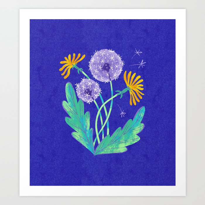 Dandelion Florals on Blue Art Print