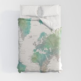 Watercolor world map in muted green and brown Duvet Cover