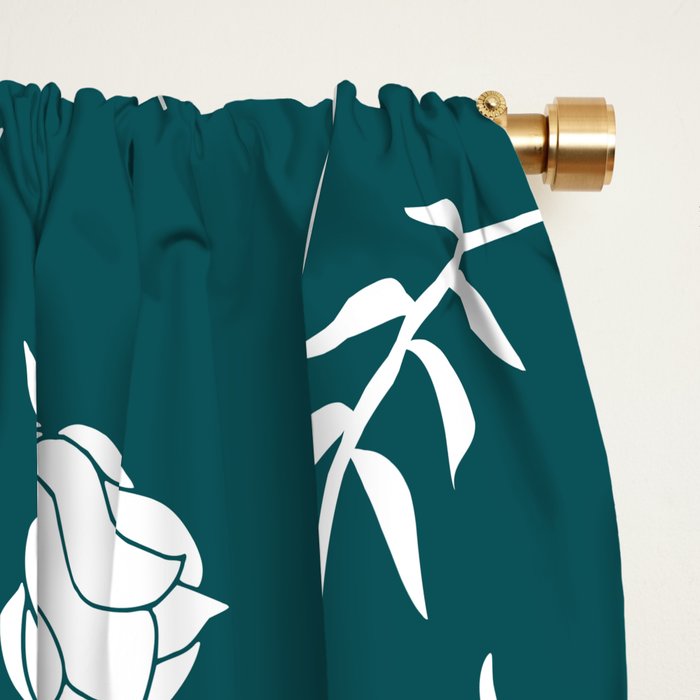 Dark Teal And White Floral Pattern Blackout Curtain By