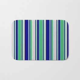 [ Thumbnail: Blue, Sea Green, and Light Grey Colored Lines/Stripes Pattern Bath Mat ]