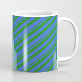 [ Thumbnail: Forest Green & Royal Blue Colored Lined Pattern Coffee Mug ]