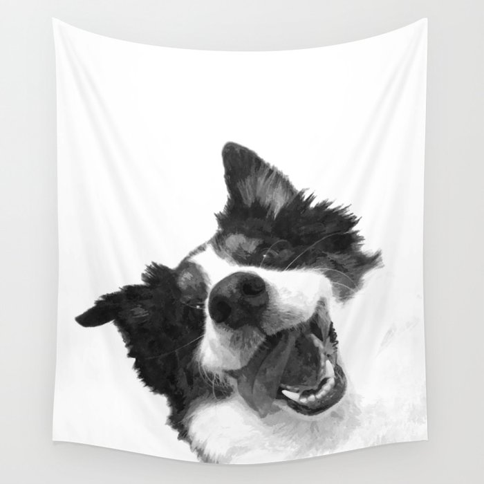 Black and White Happy Dog Wall Tapestry