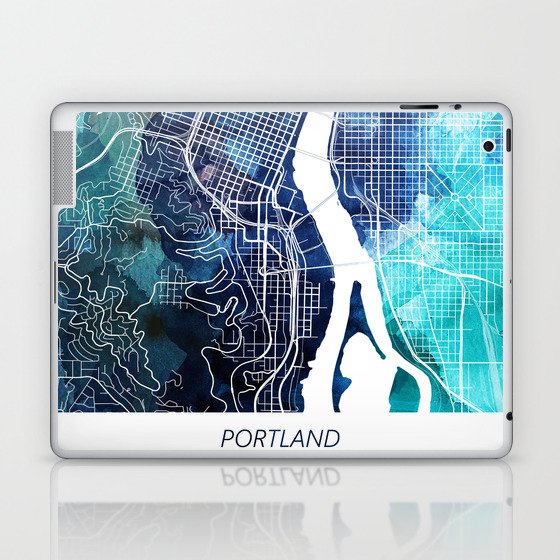 Portland Oregon Map Navy Blue Turquoise Watercolor USA States Map Laptop & iPad Skin