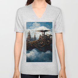 Steampunk flying ship V Neck T Shirt