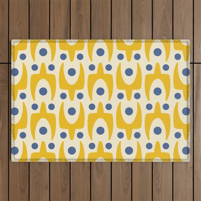 Mid Century Modern Abstract Pattern 641 Googie Yellow and Blue Outdoor Rug