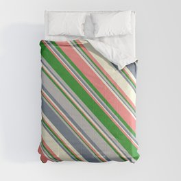 [ Thumbnail: Eye-catching Beige, Light Coral, Forest Green, Grey, and Slate Gray Colored Lined/Striped Pattern Comforter ]