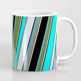 [ Thumbnail: Eyecatching Aqua, Grey, Dark Olive Green, Lavender & Black Colored Lines/Stripes Pattern Coffee Mug ]