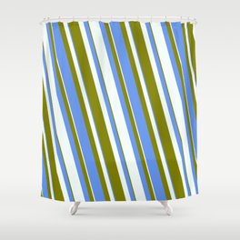 [ Thumbnail: Mint Cream, Green & Cornflower Blue Colored Striped/Lined Pattern Shower Curtain ]