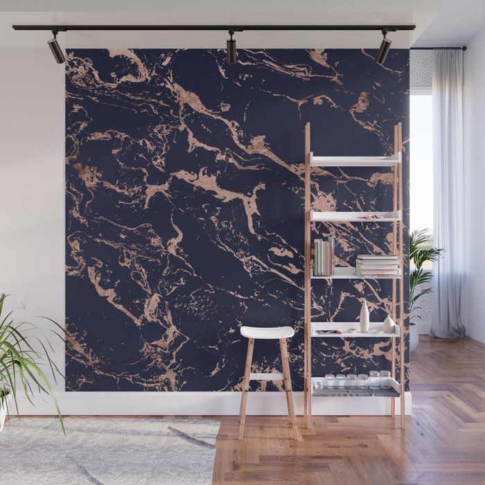 Modern Chic Navy Blue Rose Gold Marble Pattern Wall Mural By