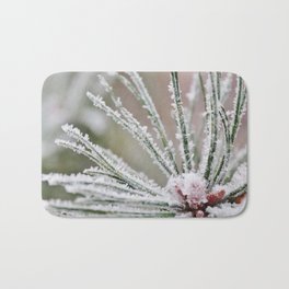 Frosty needles Bath Mat | Snow, Photo, Frost, Tree, Close Up, Green, Pinewood, Snowflake, Branch, Ice 