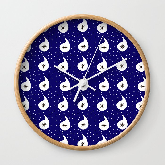 Navy Blue Paisley Polka Dot Pattern Wall Clock