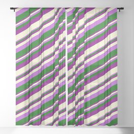 [ Thumbnail: Orchid, Dark Green, Purple, and Light Yellow Colored Stripes Pattern Sheer Curtain ]