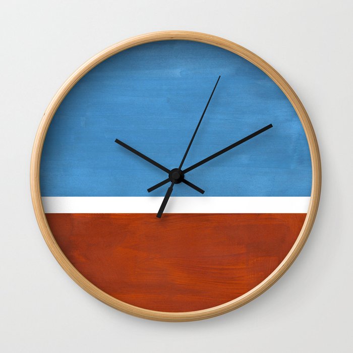 Antique Pastel Blue Brown Mid Century Modern Abstract Minimalist Rothko Color Field Squares Wall Clock
