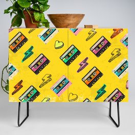 70's, 80's cassette tape vintage retro background. Fashionable poster simple graphic old style with heart and flash. Disco love party 1980. Yellow Credenza