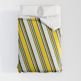 [ Thumbnail: Yellow, Dark Slate Gray, Mint Cream & Black Colored Stripes/Lines Pattern Comforter ]