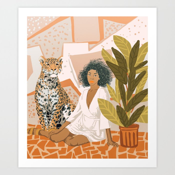 House Guest | Modern Bohemian Black Woman | Urban Jungle Decor | Wild Cat Leopard Pet | Plant Lady Art Print