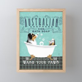 aussie australian shepherd, dog, bath, tub, soap, bubbles, wash your paws, clawfoot, decor Framed Mini Art Print