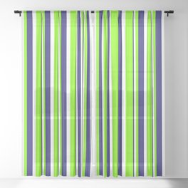 [ Thumbnail: Chartreuse, White & Midnight Blue Colored Stripes Pattern Sheer Curtain ]