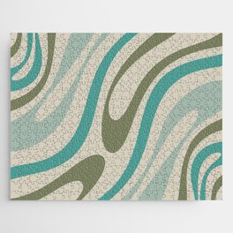 Wavy Loops Retro Abstract Pattern Beige Olive Celadon Green Teal Blue Jigsaw Puzzle