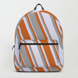 [ Thumbnail: Lavender, Chocolate, and Dark Gray Colored Pattern of Stripes Backpack ]