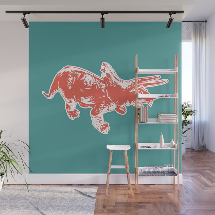 Dino Pop Art Triceratops Teal Dark Orange Wall Mural By Cometocalifornia