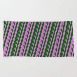 [ Thumbnail: Orchid & Dark Green Colored Lined/Striped Pattern Beach Towel ]