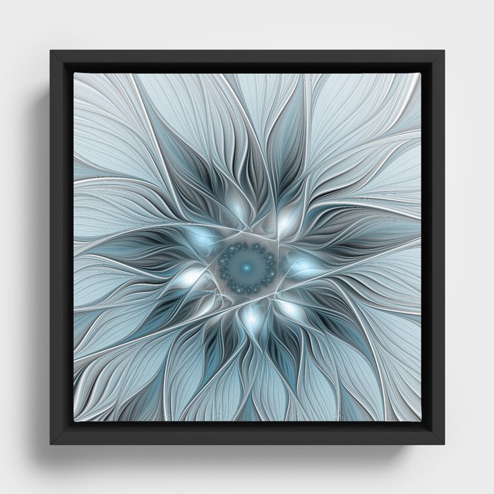 Abstract Blue Fantasy Flower Fractal Art Framed Canvas