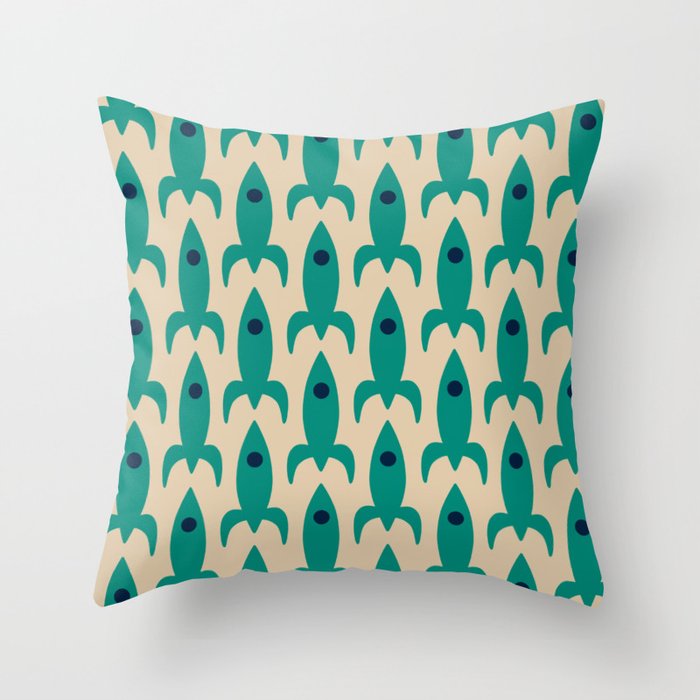 Space Age Rocket Ships - Atomic Age Mid-Century Modern Pattern in Teal and Mid Mod Beige Throw Pillow