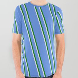 [ Thumbnail: Cornflower Blue, Green & Lavender Colored Lined Pattern All Over Graphic Tee ]