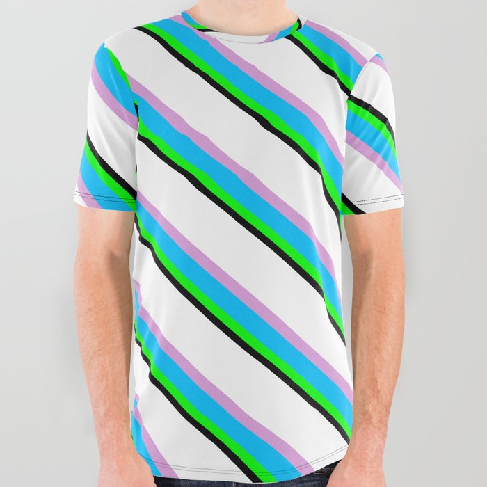 Vibrant White, Plum, Deep Sky Blue, Lime & Black Colored Stripes Pattern All Over Graphic Tee