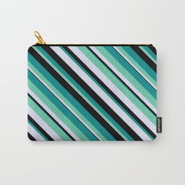 [ Thumbnail: Dark Cyan, Aquamarine, Lavender & Black Colored Pattern of Stripes Carry-All Pouch ]
