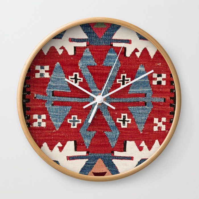 Blue Diamond Arrow Konya II // 19th Century Authentic Colorful Red Cowboy Accent Pattern Wall Clock