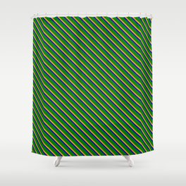 [ Thumbnail: Green, Orange & Blue Colored Striped Pattern Shower Curtain ]