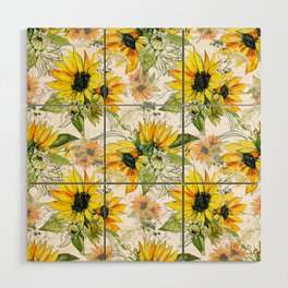 Watercolor summer orange green yellow sunflowers floral Wood Wall Art