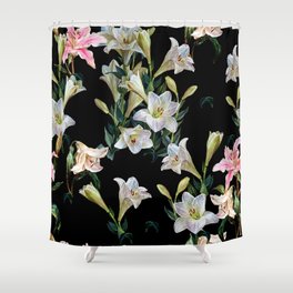 Floral l seamless pattern. Flowers of royal lilies on a black background. Botanical illustration. Watercolor painting.  Shower Curtain