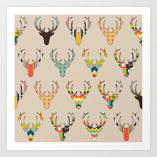 retro deer head on linen Art Print