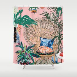 Ginger Cat in Peacock Chair with Indoor Jungle of House Plants Interior Painting Shower Curtain